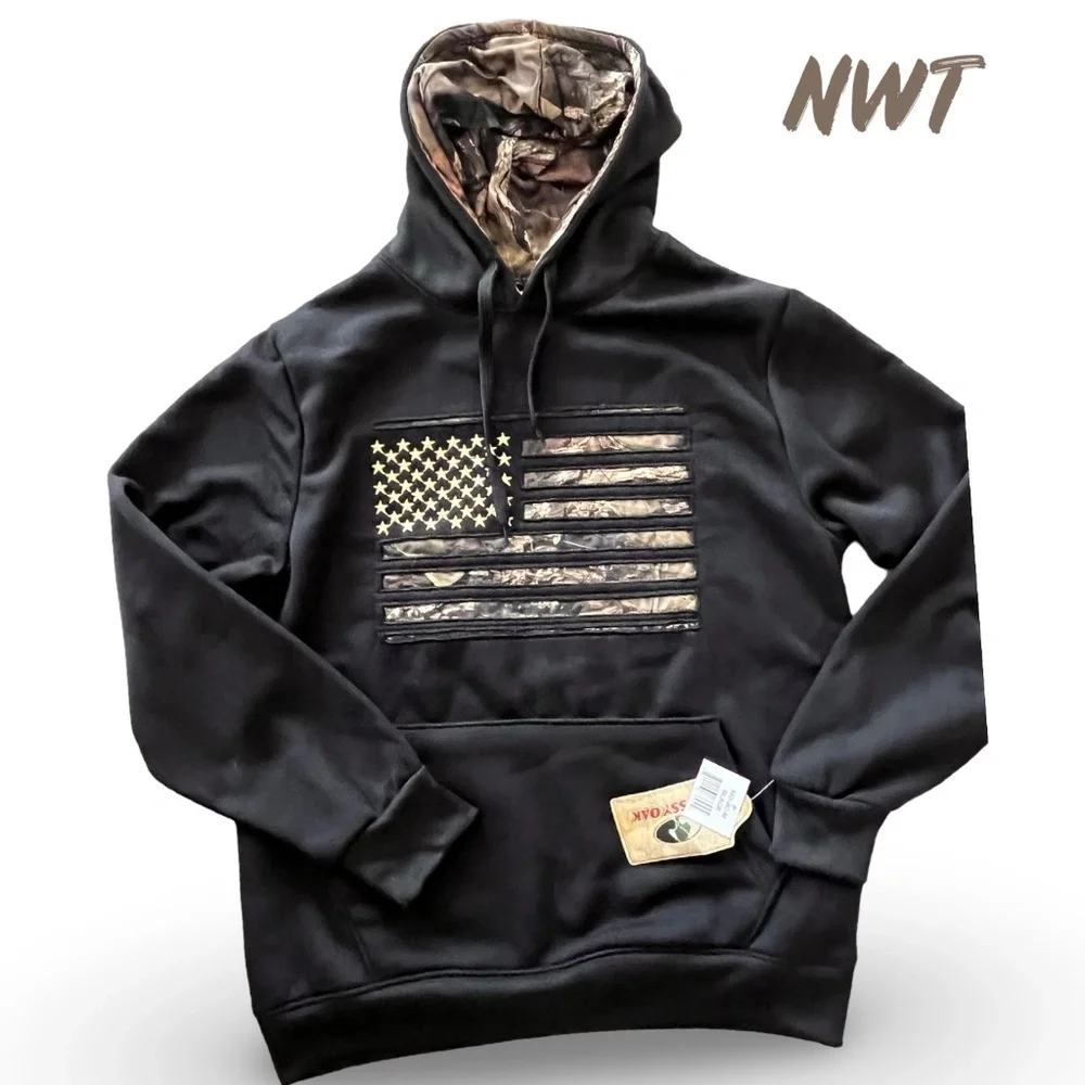 NWT - Mossy Oak Performance Fleece Men's Hoodie Black Camo USA Flag Size Medium